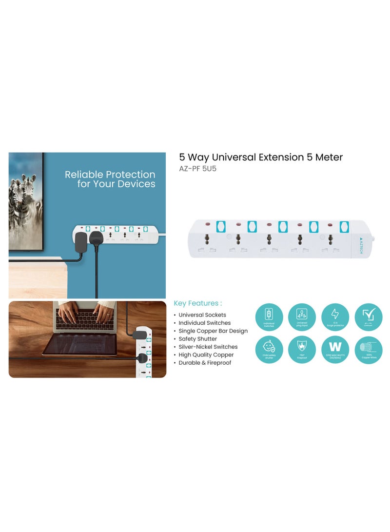 Aztech كابل تمديد كهربائي 5 طرق 5 متر 3250 واط مع 5 مآخذ عالمية ومفاتيح فردية ومؤشرات LED معتمد من ECAS - Image 3