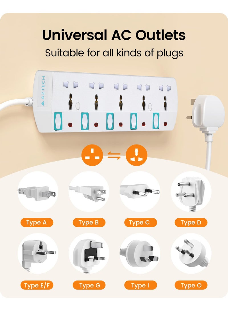 Aztech كابل تمديد كهربائي 5 طرق 5 متر 3250 واط مع 5 مآخذ عالمية ومفاتيح فردية ومؤشرات LED معتمد من ECAS - Image 4