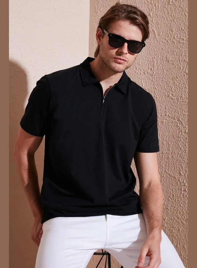 بوراتي تيشيرت بولو رجالي قطن بياقة بولو بسحاب نصفي مقاس عادي