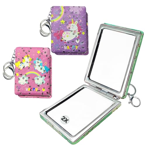FunBlast Unicorn Mirror with Key Ring - Pack of 2 Pcs Cute Small Foldable Mirror with Glitter Stone, Mini Size for Travel, Office, Purse, Hand Mirror for Girls (Random Color) - Image 1