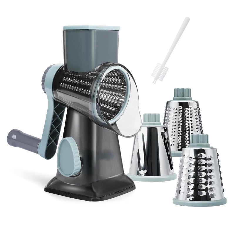 REDPANT Cheese Grater Hand Crank Manual Cheese Shredder with 3 Interchangeable Blades Rotary Cheese Grater with Strong Suction Base Easy to Use and Clean GreyBlue
