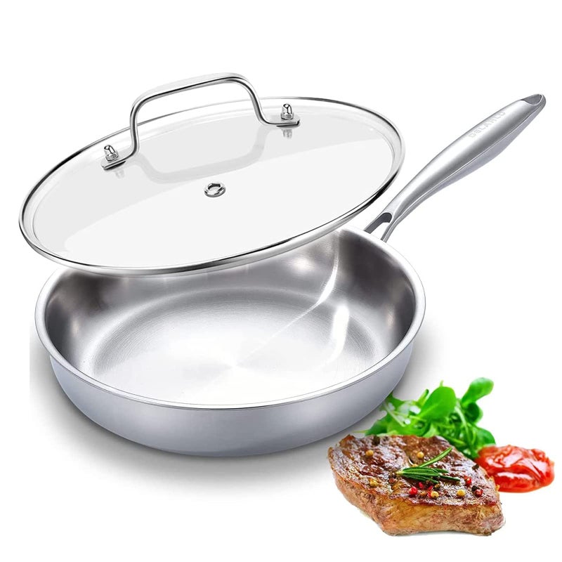 DELARLO TriPly Stainless Steel Skillet 12 Inch Frying Pan with Lid Compatible with All Cooktops Up to 600 Fast  Even Heat Induction Cookware Dishwasher Safe