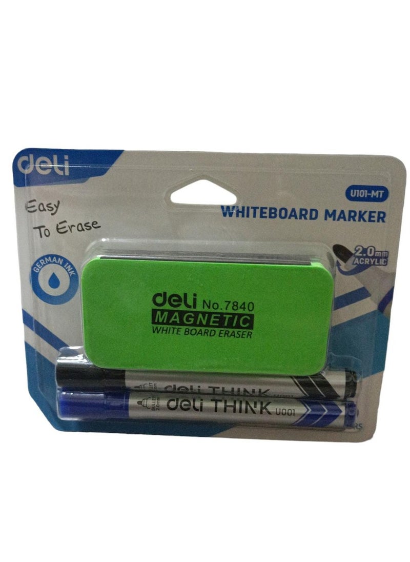Deli 2-Piece Whiteboard Erasable Marker Set Blue and Black with Magnetic Whiteboard Eraser 