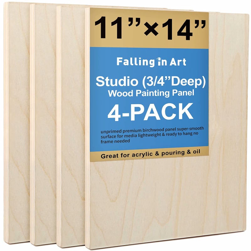 Falling in Art Unfinished Birch Wood Canvas Panels Kit, 4 Pack of 11x14'' Studio 3/4'' Deep Cradle Boards for Pouring Art, Crafts, Painting and More - Image 1
