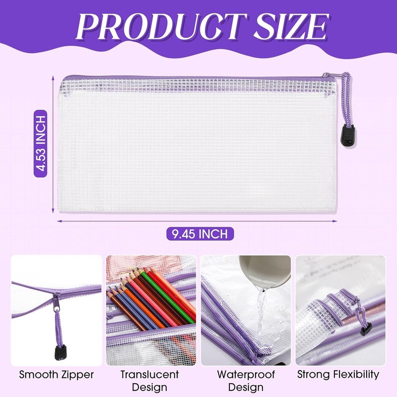 Handepo 100 Pack Mesh Zipper Pouch Pencil Pouches Bulk Clear File Bag Waterproof Document Pouches Multipurpose for Storage Office Travel Puzzle Game(A6/9.45x4.53in,White Pouch Purple Zipper) - Image 2