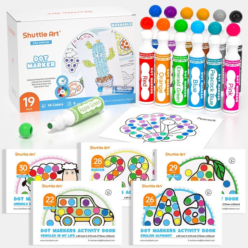 Shuttle Art Dot Markers, 14 Colors Bingo Daubers with 135 Patterns, 5 Activity Books, Educational Set With Art Activities,Non-Toxic Washable Coloring Markers - Image 1
