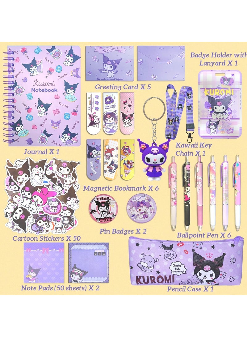 Kuromi School Supplies Set, Cute School Supplies Gift Set Including Cartoon Diary Pencil Case Ballpoint Pen ID Badge Holder Sticker Key Chain Bookmark - Image 4
