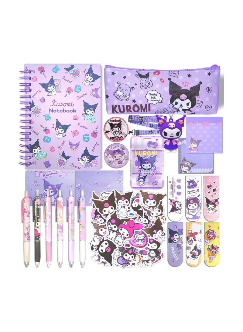 Kuromi School Supplies Set, Cute School Supplies Gift Set Including Cartoon Diary Pencil Case Ballpoint Pen ID Badge Holder Sticker Key Chain Bookmark - Image 1