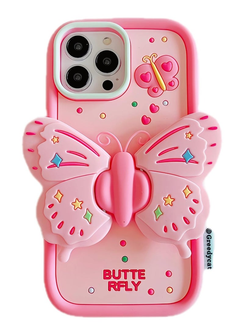 General Pink Butterfly Phone Case Compatible iPhone 15 Pro Max, Cute 3D Korean Dopamine Butterfly Case with Butterfly Wings Folding Stand Shockproof Silicone Soft Case  - Image 1