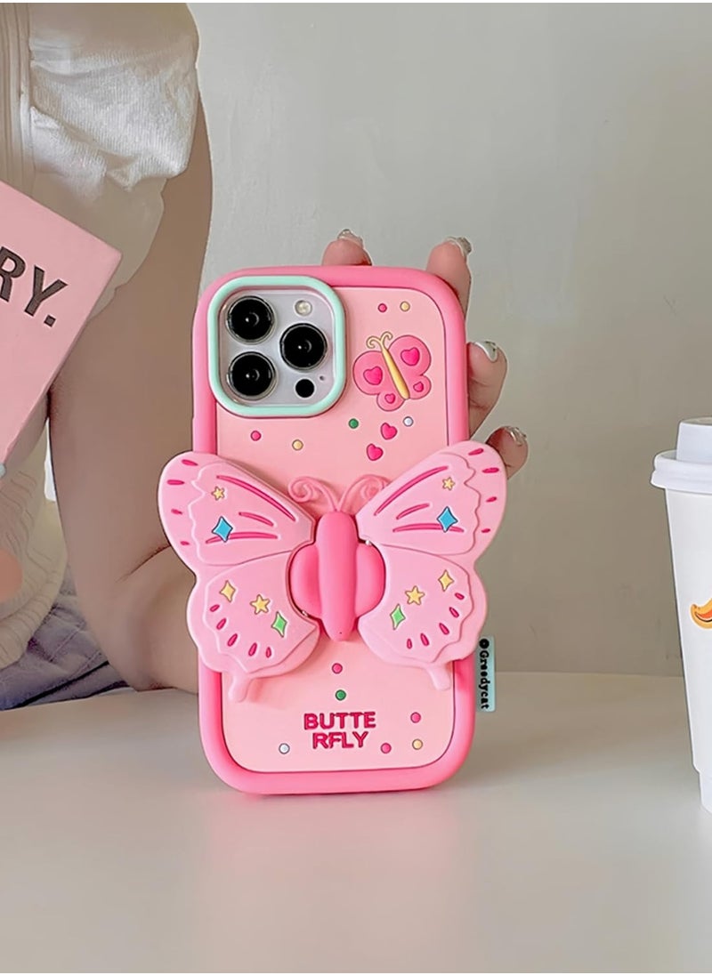 General Pink Butterfly Phone Case Compatible iPhone 15 Pro Max, Cute 3D Korean Dopamine Butterfly Case with Butterfly Wings Folding Stand Shockproof Silicone Soft Case  - Image 3