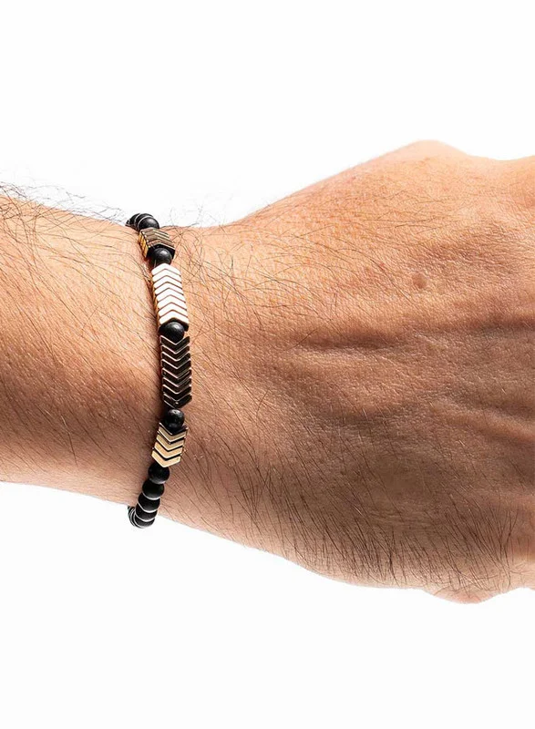 CHRYSOSTOMOS Handmade Beaded Bracelet for Men with Black Onyx and Golden Hematite Arrow