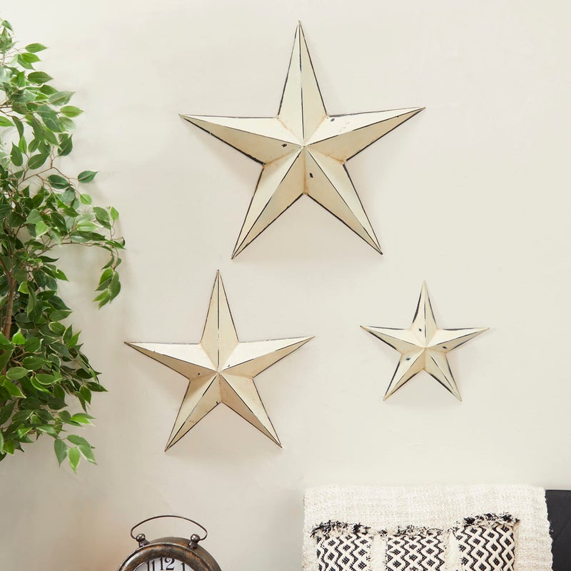 Deco 79 Metal Star Home Wall Decor Wall Sculpture, Set of 3 Wall Art 24", 18", 12"W, Cream - Image 2