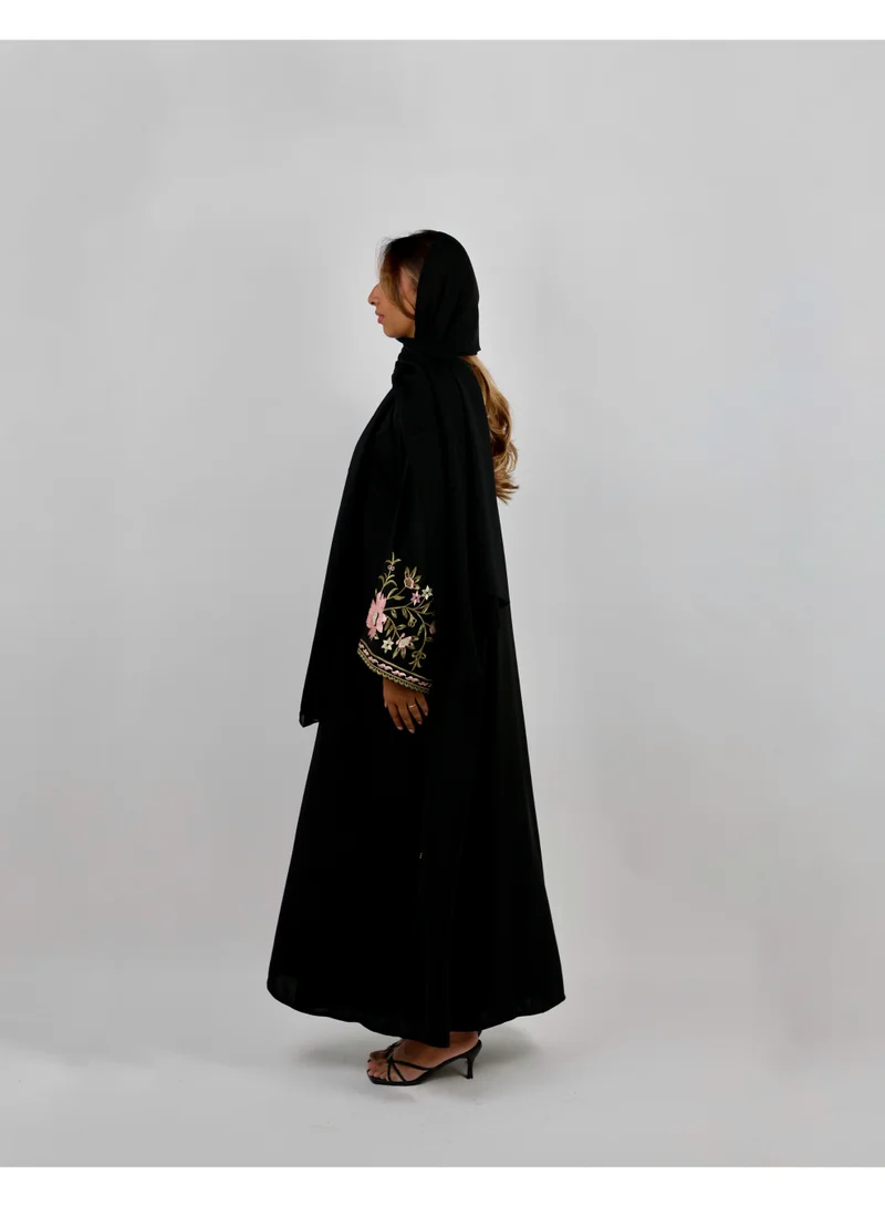JAMEELA  Black Floral-Embroidered Sleeve Abaya for Women | Best Price UAE