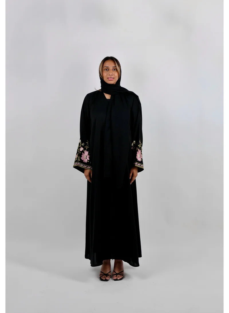 JAMEELA  Black Floral-Embroidered Sleeve Abaya for Women | Best Price UAE