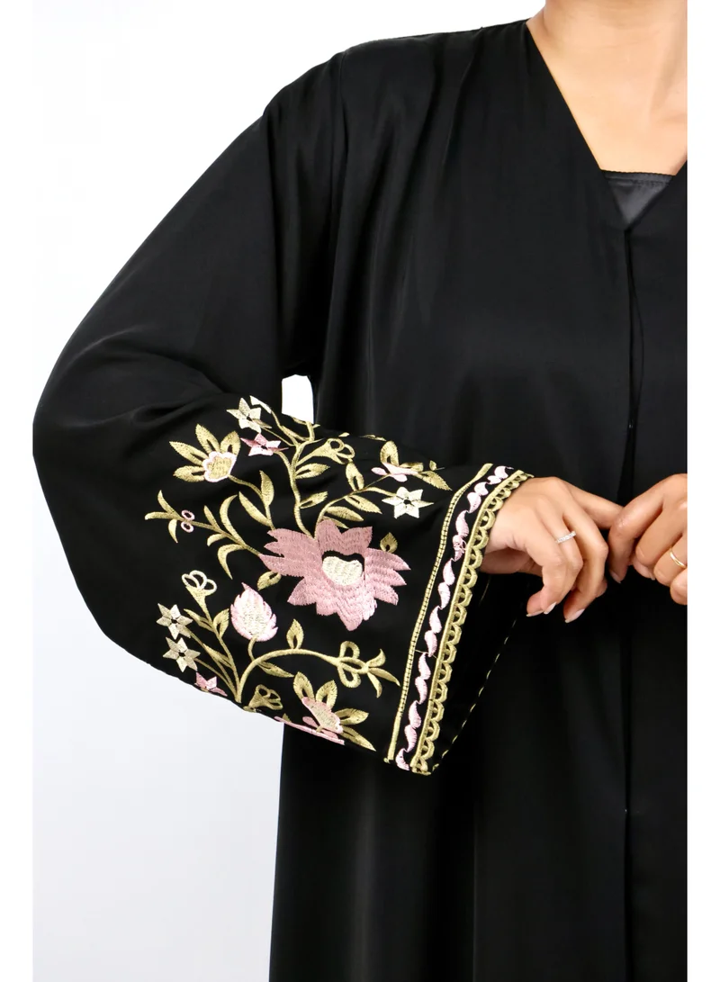 JAMEELA  Black Floral-Embroidered Sleeve Abaya for Women | Best Price UAE