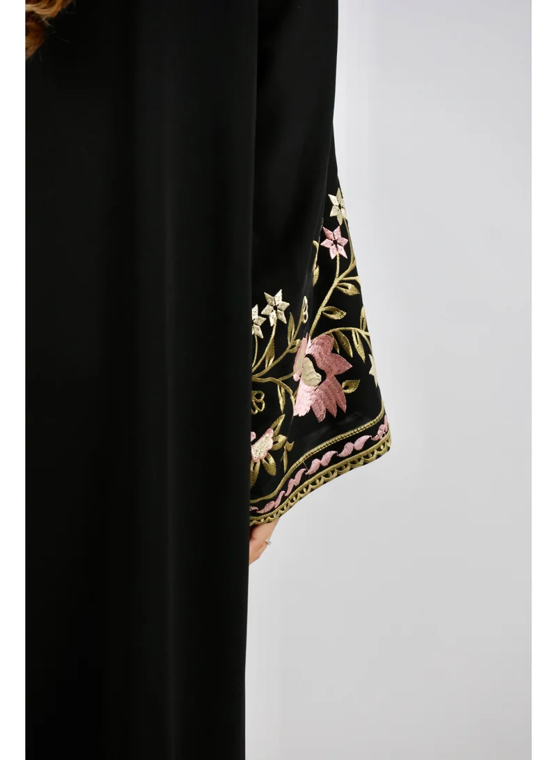 JAMEELA  Black Floral-Embroidered Sleeve Abaya for Women | Best Price UAE