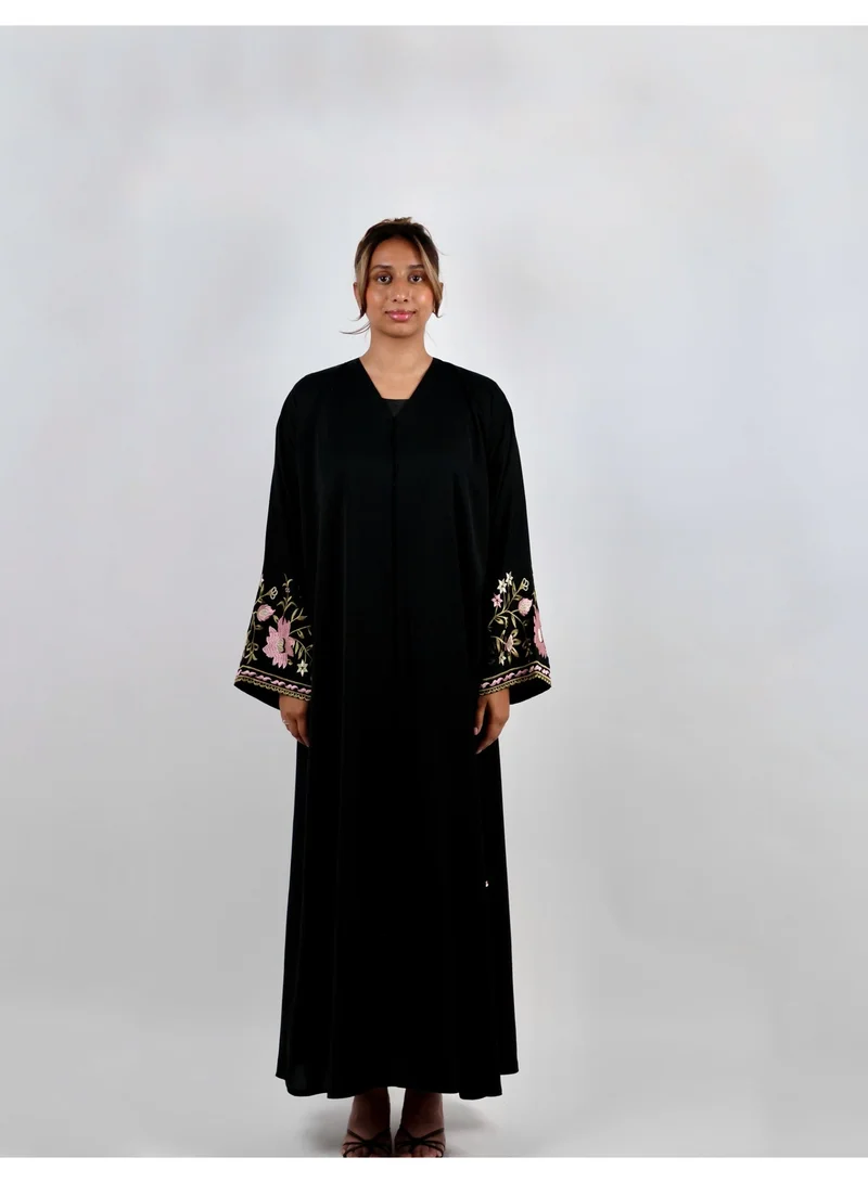 JAMEELA  Black Floral-Embroidered Sleeve Abaya for Women | Best Price UAE