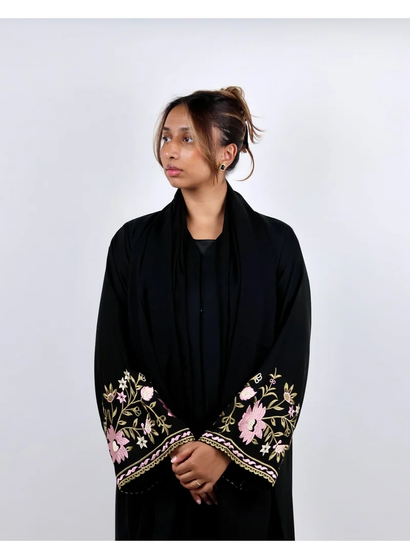 JAMEELA  Black Floral-Embroidered Sleeve Abaya for Women | Best Price UAE