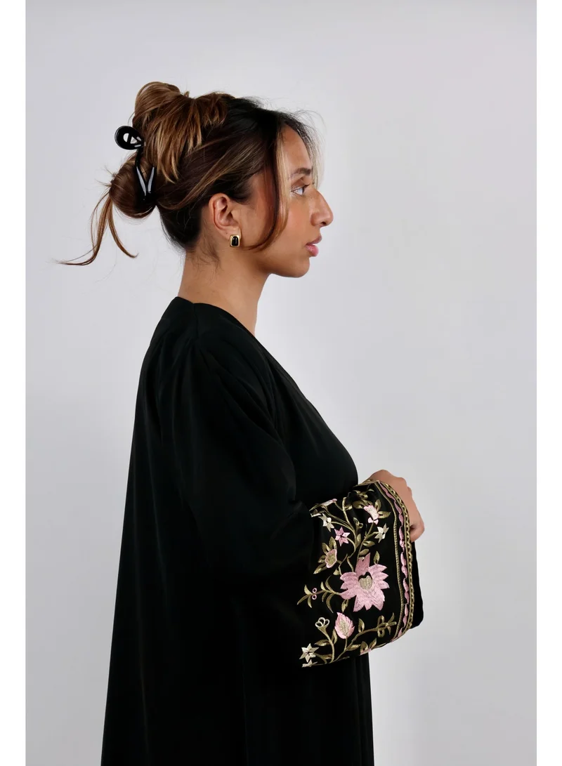 JAMEELA  Black Floral-Embroidered Sleeve Abaya for Women | Best Price UAE