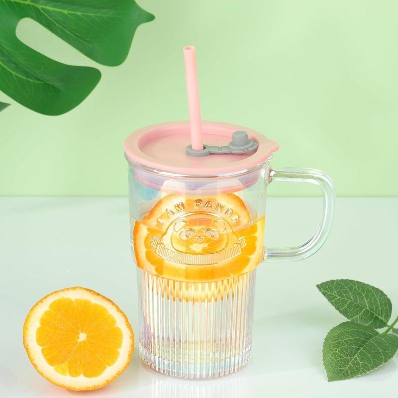 SKDBPM Glass Tumbler with Lid Handle and Straw Embossed Iced Coffee Cup with Cute Panda Pattern Striped Colored Smoothie Glasses Mug Juice Beverages Drinking Jar of Panda Design 1 Pcs - Image 1