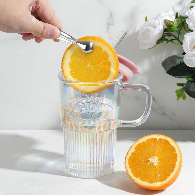 SKDBPM Glass Tumbler with Lid Handle and Straw Embossed Iced Coffee Cup with Cute Panda Pattern Striped Colored Smoothie Glasses Mug Juice Beverages Drinking Jar of Panda Design 1 Pcs - Image 2