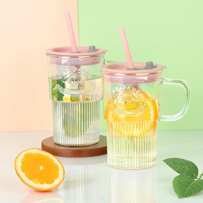 SKDBPM Glass Tumbler with Lid Handle and Straw Embossed Iced Coffee Cup with Cute Panda Pattern Striped Colored Smoothie Glasses Mug Juice Beverages Drinking Jar of Panda Design 1 Pcs - Image 3