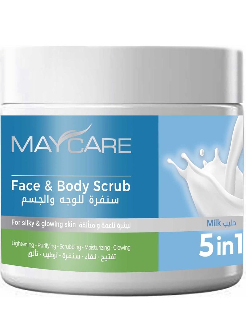 MAYCARE Face & Body Scrub 5 in 1 with Moisturizing Milk Brightening and Purifying 500ml - Image 1