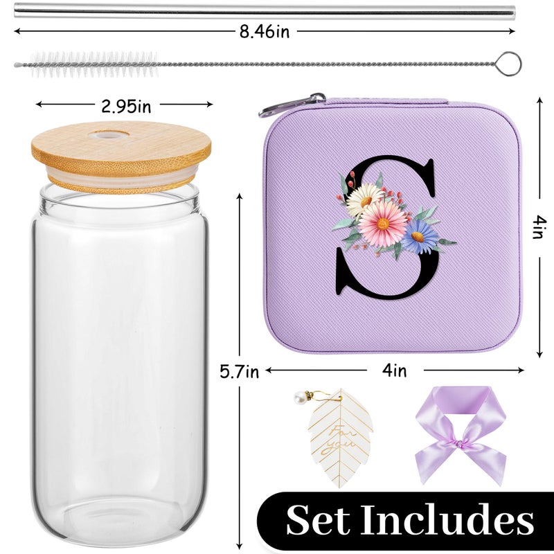 AYGXU Initial glass cups with lids and straws,personalized gifts for women,iced coffee cups,travel jewelry case organizer,small jewelry travel case,jewelry box for girls.Initial S purple - Image 2