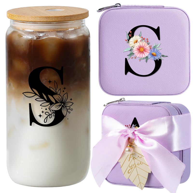 AYGXU Initial glass cups with lids and straws,personalized gifts for women,iced coffee cups,travel jewelry case organizer,small jewelry travel case,jewelry box for girls.Initial S purple - Image 1