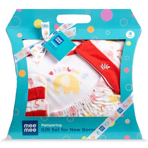 Mee Mee New Born Baby Gift Set | Soft Cotton Clothing Essentials for Infants/Baby Girls, Boys | Baby Shower Clothing Hamper (4 Pieces, Red)| Ideal Gift for New Born Baby - Image 1