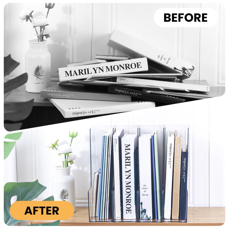 LALOBLUE Vertical Magazine File Holder, Clear File Organizer Desk Organizer and Storage Bins Holding for Magazines, Binders, Notebooks, Envelopes, Plastic Office Organization and Storage for Desk, 4 pack - Image 3