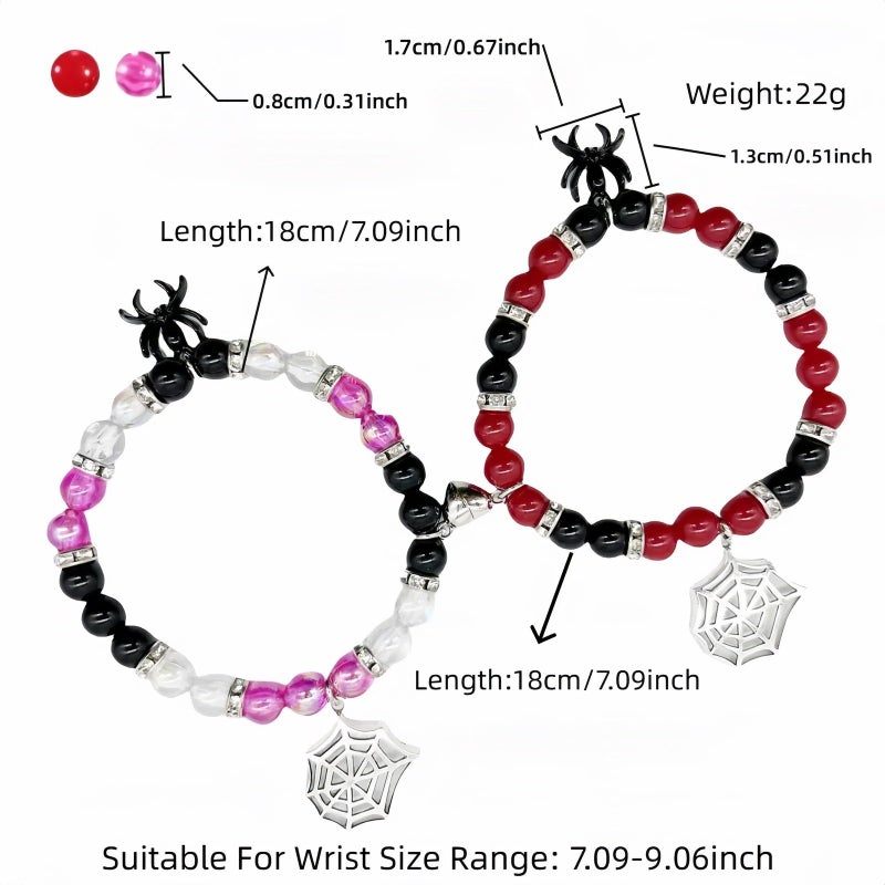 FANBODTA 2-Pack Spider Friendship Bracelets for Couples, Halloween Jewelry Gift - Stretchable Adjustable Crystal Bead Bracelet with Heart Charm, Love Promise Bracelet for Him Her Best Friend (Black) - Image 2