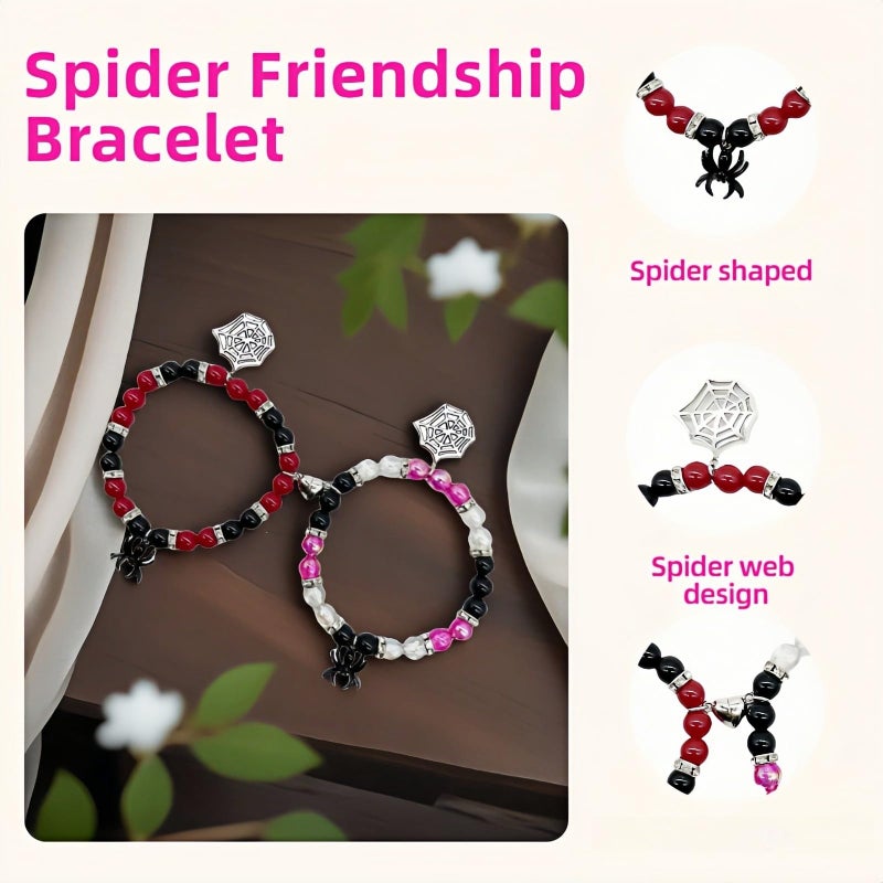 FANBODTA 2-Pack Spider Friendship Bracelets for Couples, Halloween Jewelry Gift - Stretchable Adjustable Crystal Bead Bracelet with Heart Charm, Love Promise Bracelet for Him Her Best Friend (Black) - Image 3