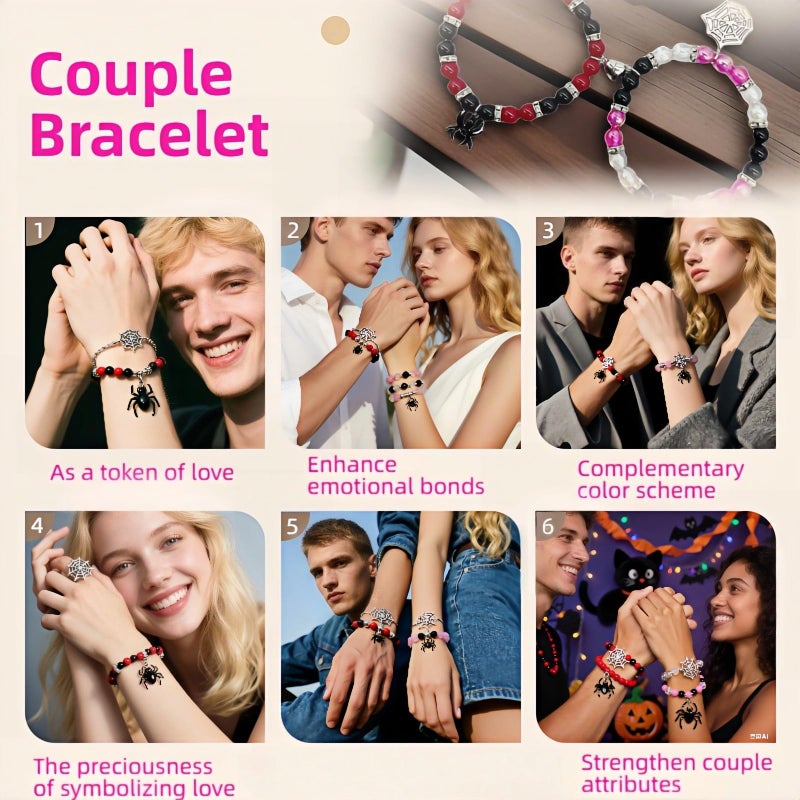 FANBODTA 2-Pack Spider Friendship Bracelets for Couples, Halloween Jewelry Gift - Stretchable Adjustable Crystal Bead Bracelet with Heart Charm, Love Promise Bracelet for Him Her Best Friend (Black) - Image 5