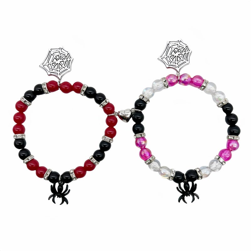 FANBODTA 2-Pack Spider Friendship Bracelets for Couples, Halloween Jewelry Gift - Stretchable Adjustable Crystal Bead Bracelet with Heart Charm, Love Promise Bracelet for Him Her Best Friend (Black) - Image 1