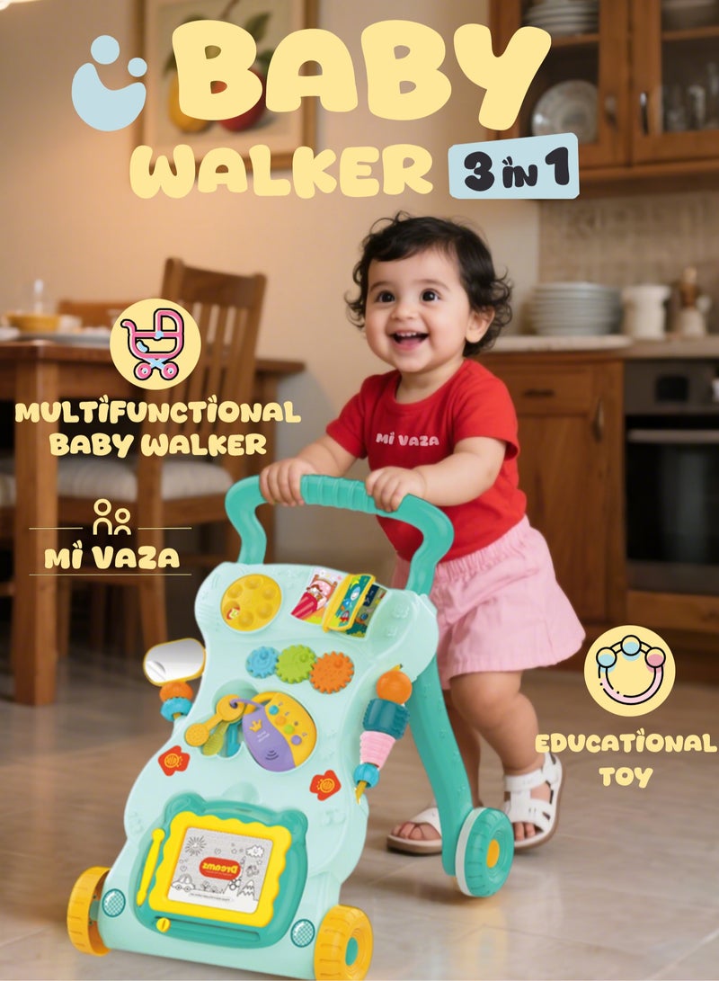 Mi VAZA 3 in 1 Baby Walker, Baby Push Walker for girls boys, Sit to Stand up Learning Walkers with drawing board, Baby Push Walker, Assemble as Scooter/Balance bike/Detachable Panel, Walking Toys,Infant Musical Activity Center for 12 to 36 months - Green - Image 1