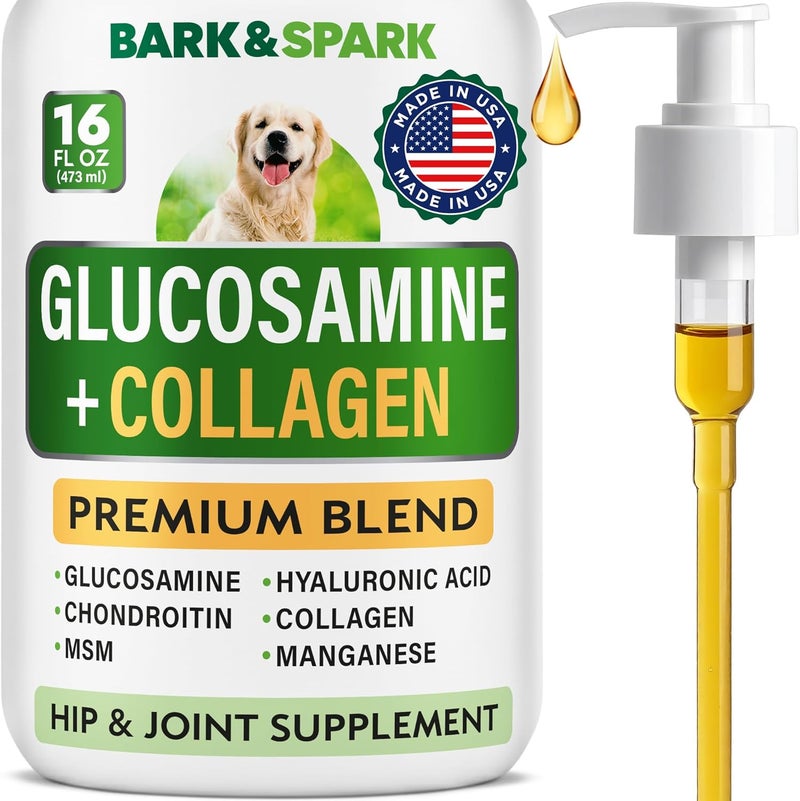BARK&SPARK مكمل بارك آند سبارك السائل من الكولاجين والجلوكوزامين للكلاب - 16 أونصة سائلة سهل التقديم - تركيبة متقدمة مع الكوندرويتين وMSM لدعم مفاصل الورك والعناية بالجلد والفراء - صنع في الولايات المتحدة الأمريكية - Image 1