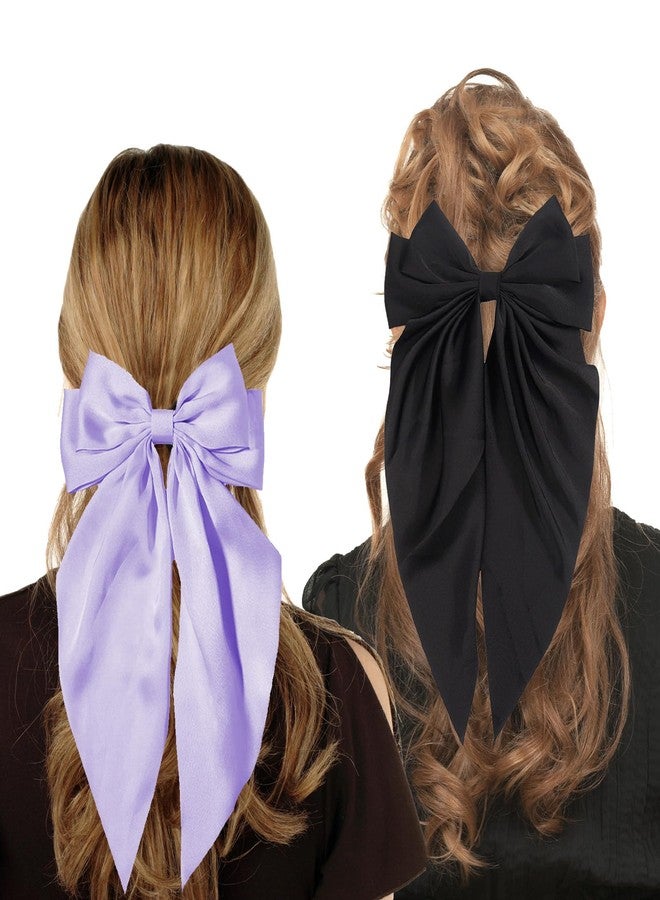 MHDGG 5Pcs Silky Satin Hair Bows for Women,5 Color Hair Bows Clips for Women Oversized Long Tail Hair Bows Hair Barrettes Hair Accessories Gifts Bowknot Aesthetic (Black White Pink Blue Rurple) - Image 3