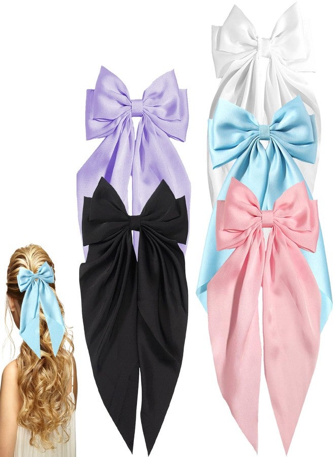 MHDGG 5Pcs Silky Satin Hair Bows for Women,5 Color Hair Bows Clips for Women Oversized Long Tail Hair Bows Hair Barrettes Hair Accessories Gifts Bowknot Aesthetic (Black White Pink Blue Rurple) - Image 1