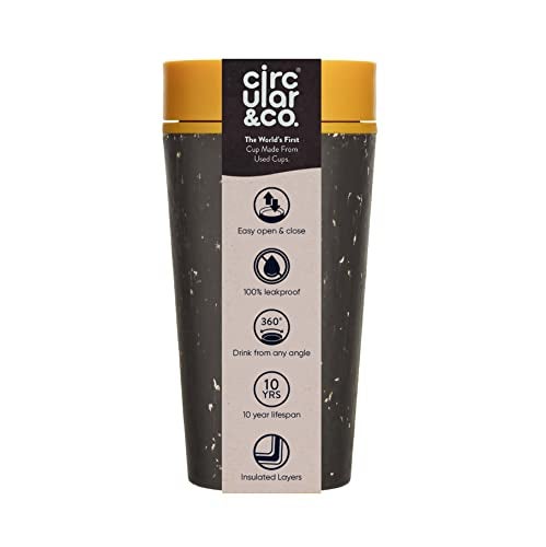 Circular and Co Leakproof Reusable Coffee Cup 12oz/340ml - The World's First Travel Mug Made from Recycled Coffee Cups, 100% Leak-Proof, Sustainable & Insulated (Black & Electric Mustard) - Image 1