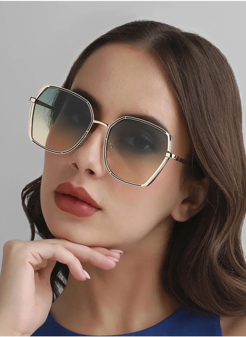 Haute Sauce Haute Sauce Women's Gradient Oversized Sunglasses - Gold Frame | Blue & Yellow Polycarbonate Lens For Casual Wear | One-Size | Full Rim Polarized Lens | Alloy Sunglass For Everyday Wear