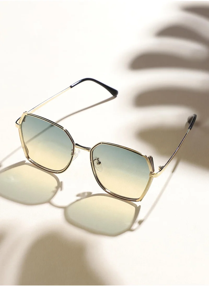 Haute Sauce Haute Sauce Women's Gradient Oversized Sunglasses - Gold Frame | Blue & Yellow Polycarbonate Lens For Casual Wear | One-Size | Full Rim Polarized Lens | Alloy Sunglass For Everyday Wear