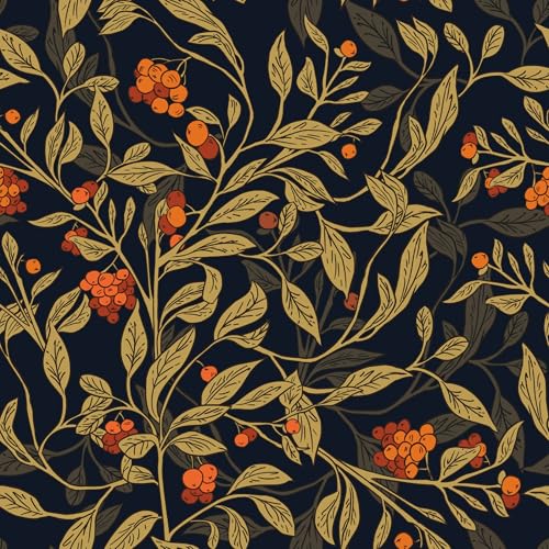 VOLEAAR Extra Long Dark Floral Peel and Stick Wallpaper - 17.5In x 32.8Ft Vintage Botanical Self-Adhesive Vinyl Contact Paper for Cubicles Drawers Cabinets Leaf Fruit Pattern Black Yellow Gold Orange - Image 1