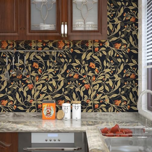 VOLEAAR Extra Long Dark Floral Peel and Stick Wallpaper - 17.5In x 32.8Ft Vintage Botanical Self-Adhesive Vinyl Contact Paper for Cubicles Drawers Cabinets Leaf Fruit Pattern Black Yellow Gold Orange - Image 4