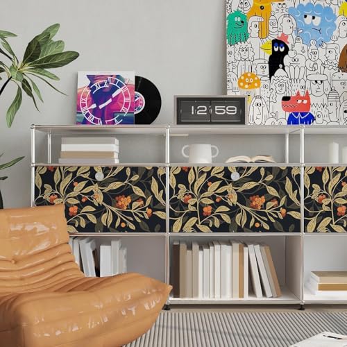 VOLEAAR Extra Long Dark Floral Peel and Stick Wallpaper - 17.5In x 32.8Ft Vintage Botanical Self-Adhesive Vinyl Contact Paper for Cubicles Drawers Cabinets Leaf Fruit Pattern Black Yellow Gold Orange - Image 3