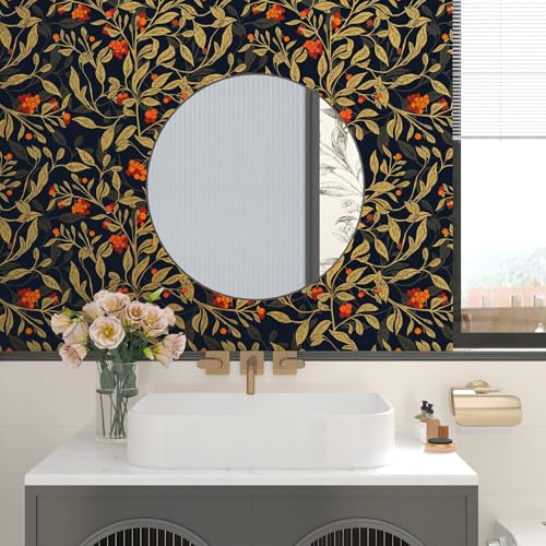 VOLEAAR Extra Long Dark Floral Peel and Stick Wallpaper - 17.5In x 32.8Ft Vintage Botanical Self-Adhesive Vinyl Contact Paper for Cubicles Drawers Cabinets Leaf Fruit Pattern Black Yellow Gold Orange - Image 5