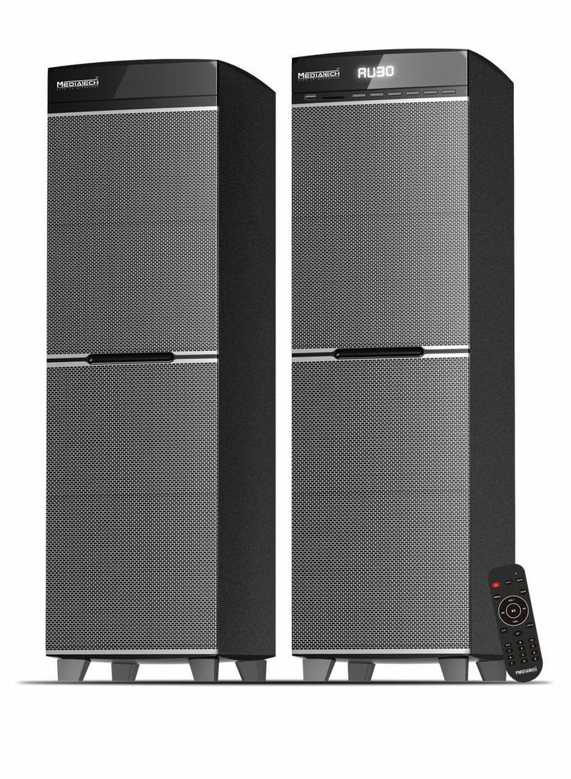 Mediatech Sound Tower System,160 Watt, 2 built in subwoofer, Optical Input , SD , USB, AUX , Microphone,  Remote, RCA cable, Optical cable(3M) ,MT-8800 - Black /sliver