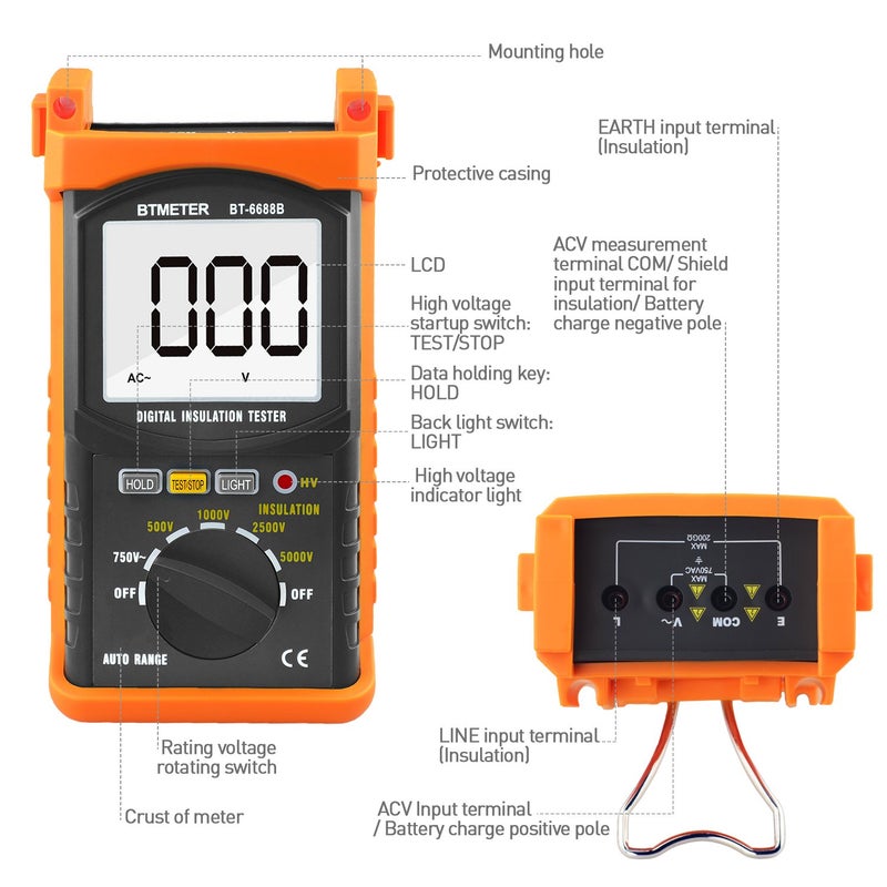 BTMETER BT-6688B Megohmmeter 200 Gig Ohm Digital Insulation Resistance Tester, 500V/1kV/2.5kV/5kV Test Voltage, Auto Ranging, Backlight Display - Image 2