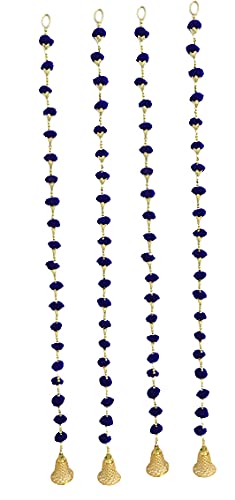 Aahum Handmade Wall Door Blue Color Pom Pom String with Golden Beads,Triangle Flowers Hanging Torans Garland Bandhwar Decoration Item for Home Décor Diwali Festival,Navratri,Wedding (3 FT 4 Strings) - Image 1