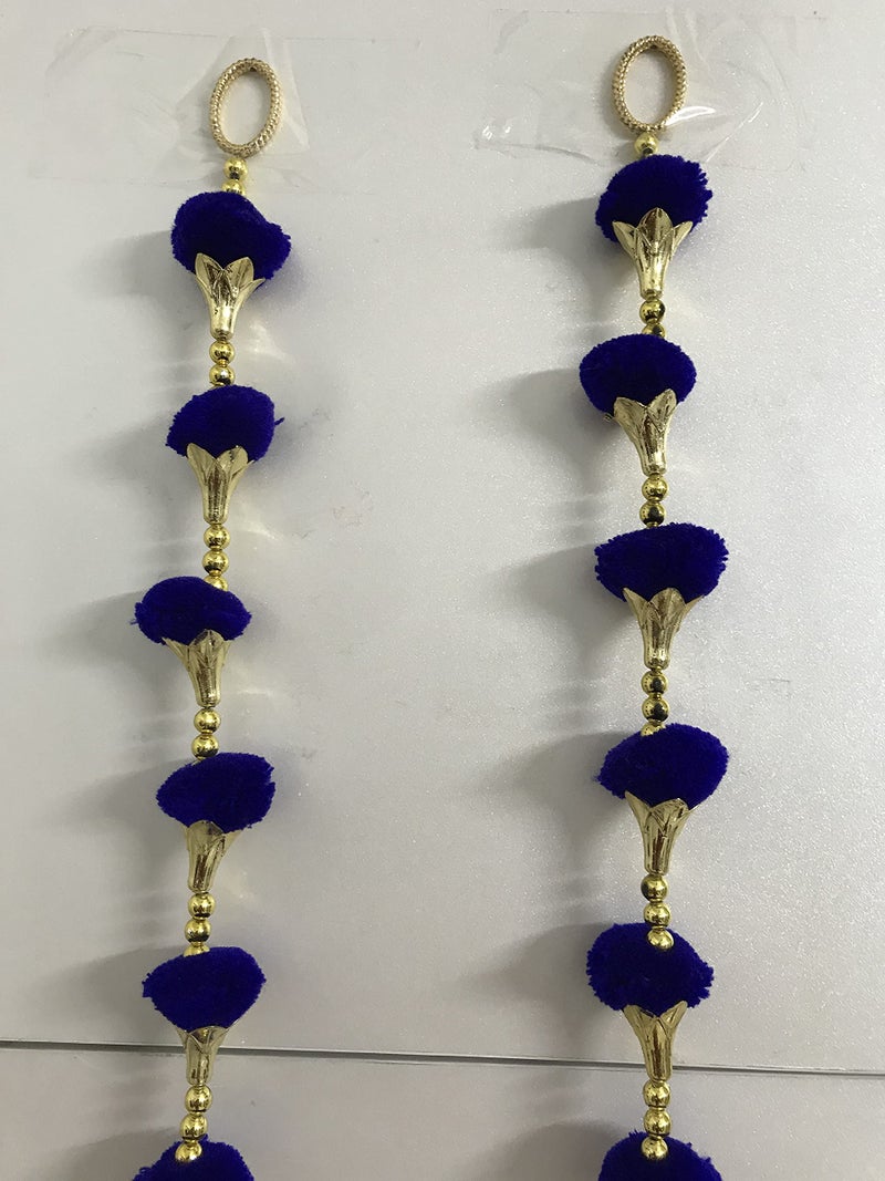 Aahum Handmade Wall Door Blue Color Pom Pom String with Golden Beads,Triangle Flowers Hanging Torans Garland Bandhwar Decoration Item for Home Décor Diwali Festival,Navratri,Wedding (3 FT 4 Strings) - Image 3